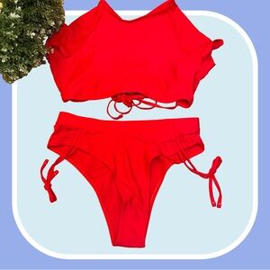 SHEIN SWIMSUIT BIKINI SET‎ WOMEN’S LARGE RED SOLID COLOR HIGH WAISTED SLEEVES